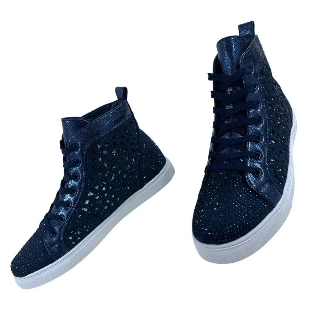Lady Couture Flat Laser Cut High Top Bling Rhinestone Sneaker Navy Women's Size - Picture 2 of 10